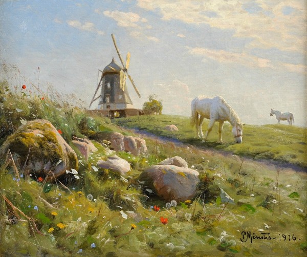 Sunny landscape with a windmill and two horses by Peter Mork Monsted
